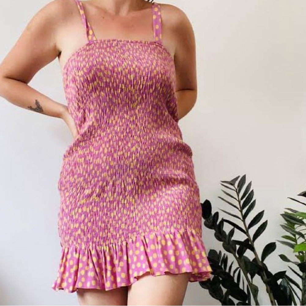 Zara Pink Yellow Polka Dot Festival Party Gypsy Flounced Mini Dress Size Medium‎